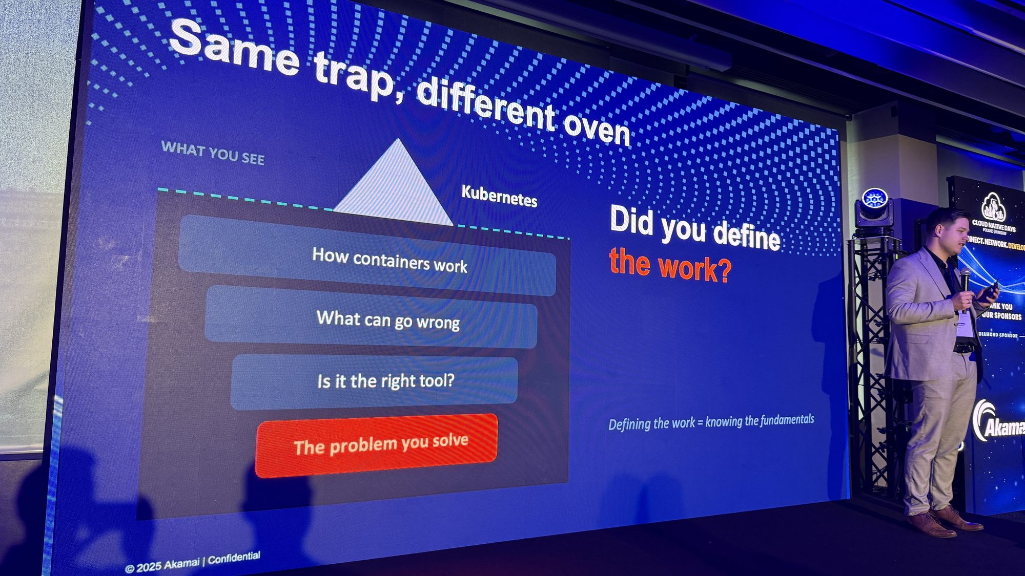 Paweł Sułkowski next to a slide titled Same trap, different oven, showing Kubernetes as the tip of an iceberg above how containers work, what can go wrong, is it the right tool, and the problem you solve