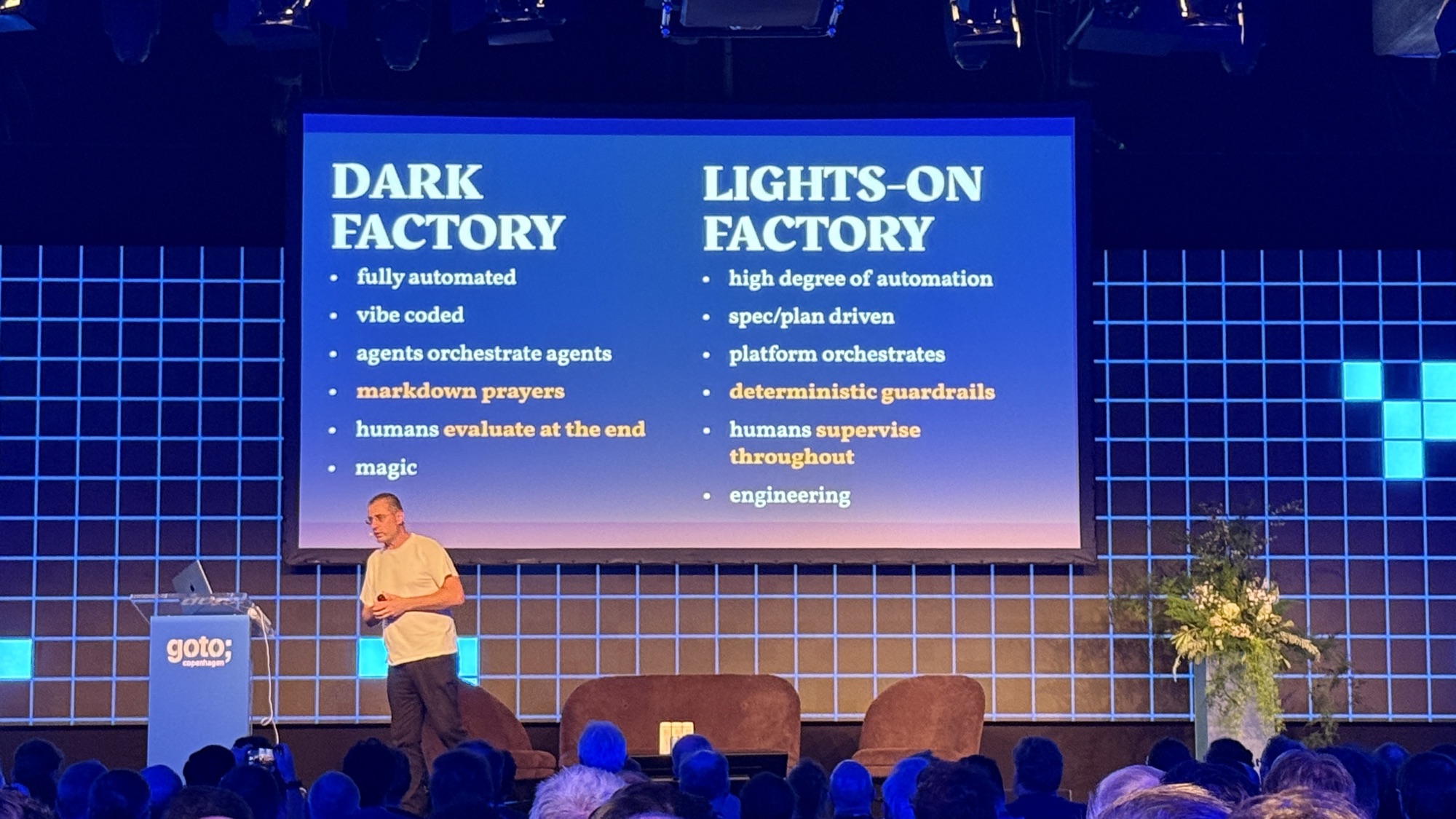 Gojko Adzic beside a slide comparing a dark factory with a lights-on factory