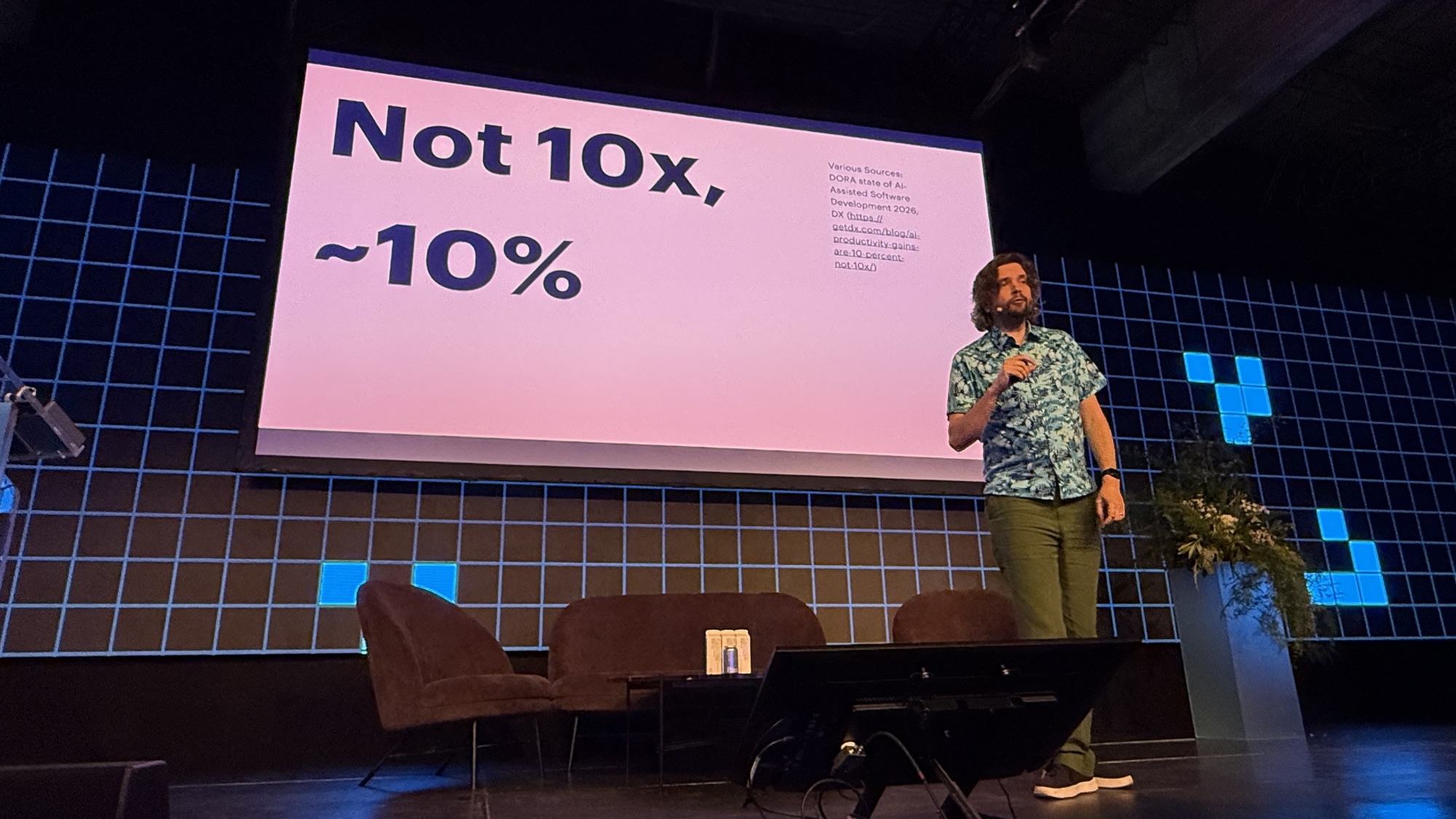 Sam Newman under a slide reading Not 10x, about 10%, citing DORA and DX
