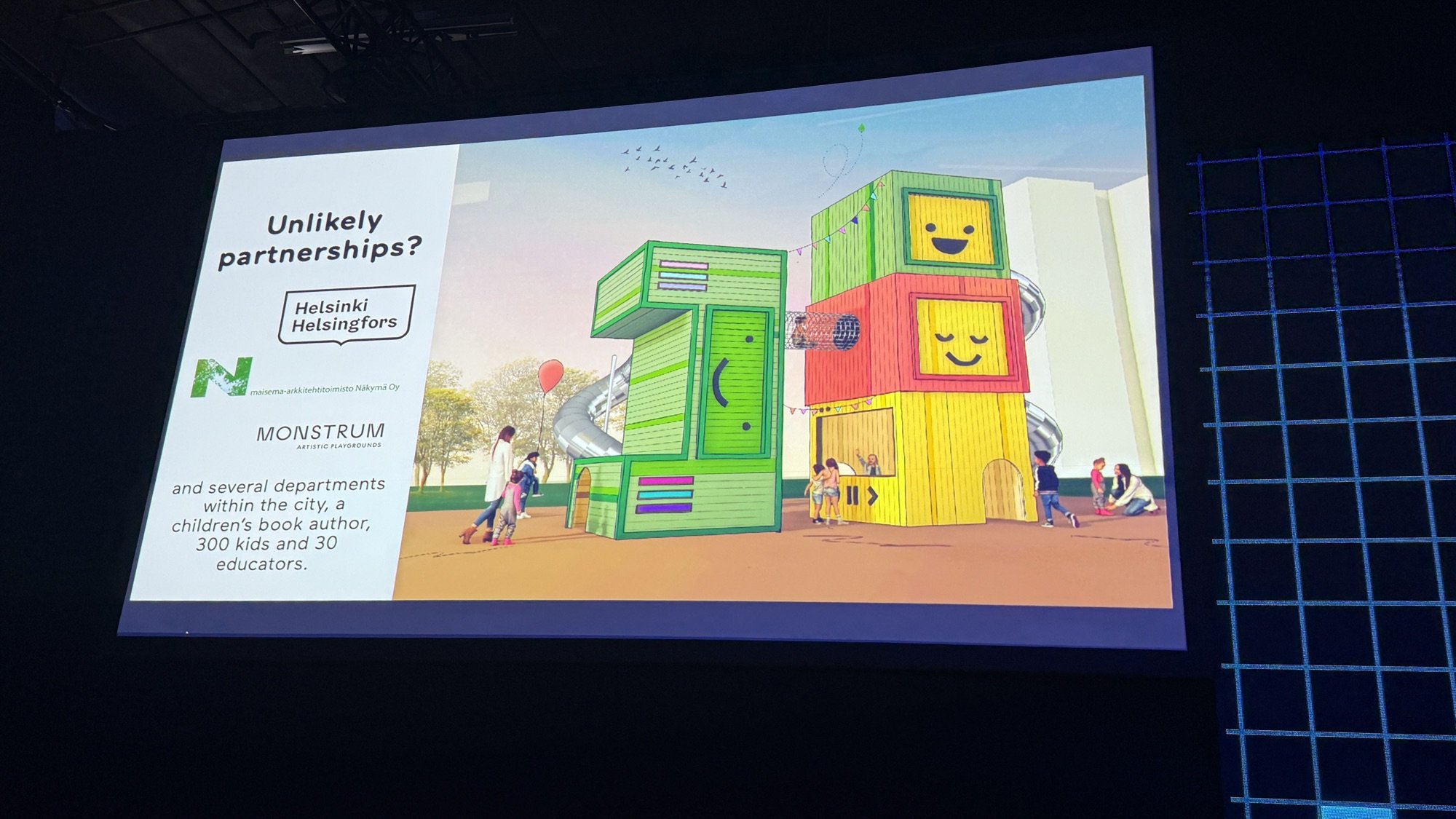 Slide titled Unlikely partnerships? listing Helsinki, a landscape architecture firm and Monstrum next to a rendering of the playground towers