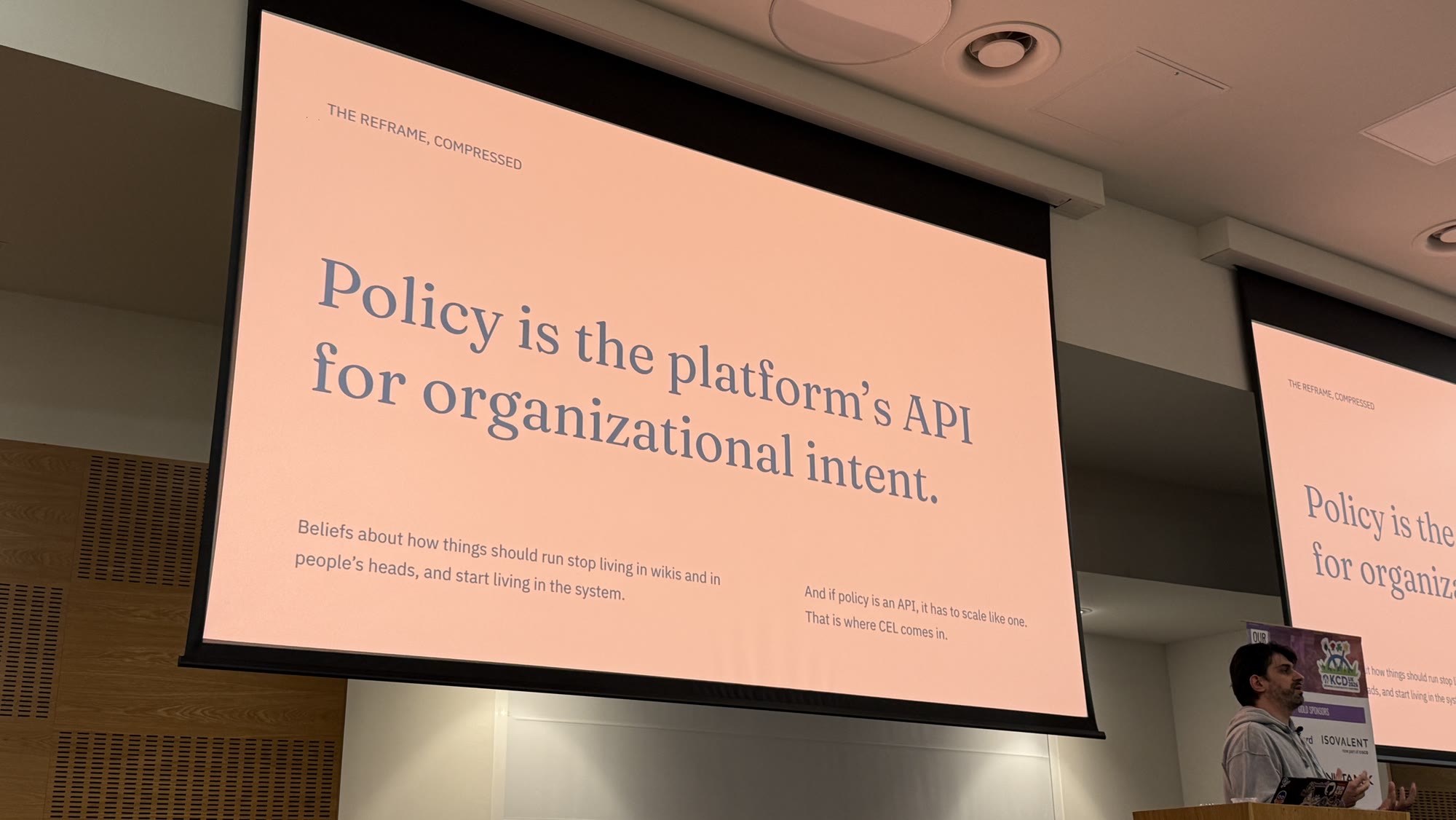 Koray Oksay next to a slide: Policy is the platform's API for organizational intent