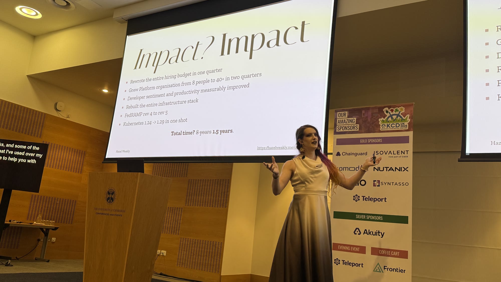 Hazel Weakly in front of a slide titled Impact? Impact, listing what she changed in 1.5 years