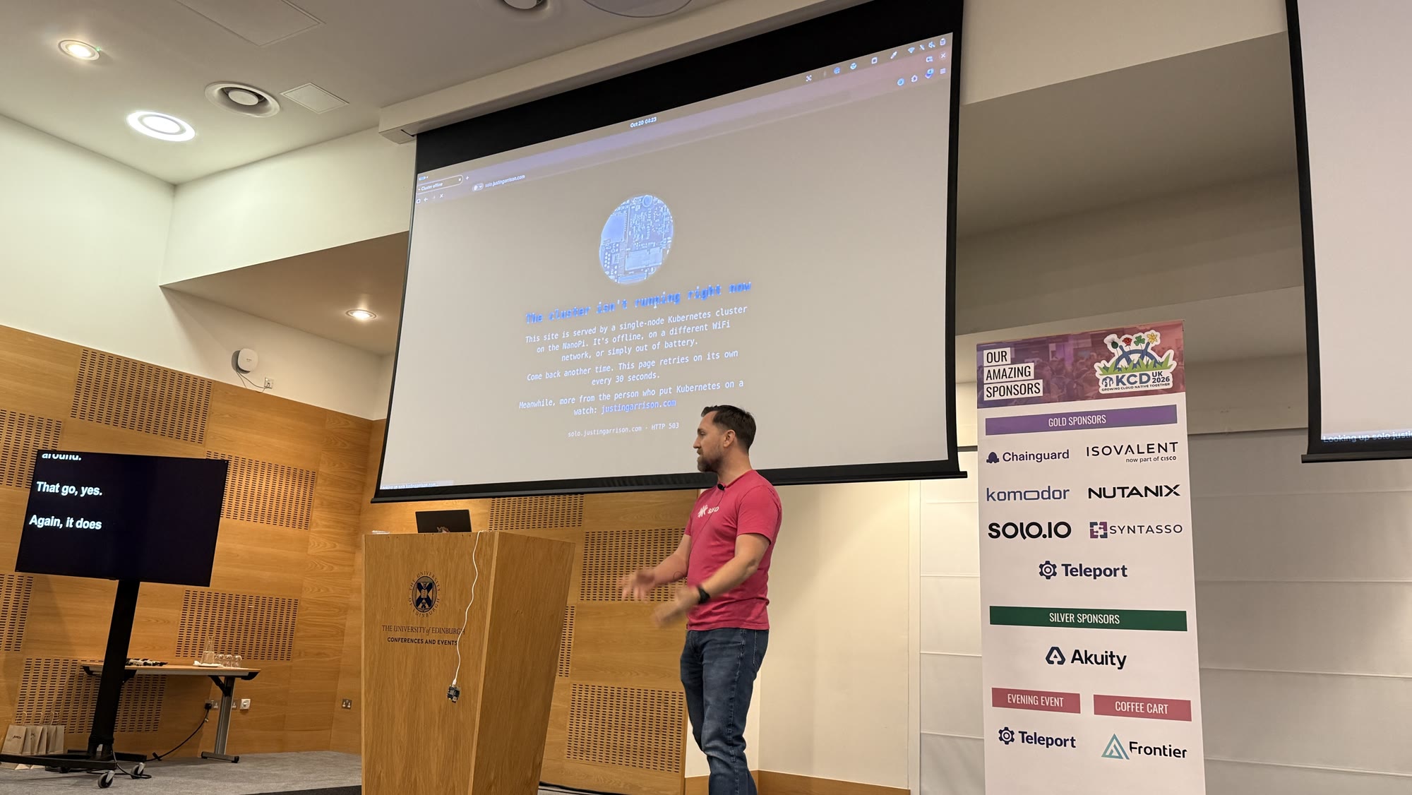 Justin Garrison next to a page reading The cluster isn't running right now, served by a single-node Kubernetes cluster that is offline