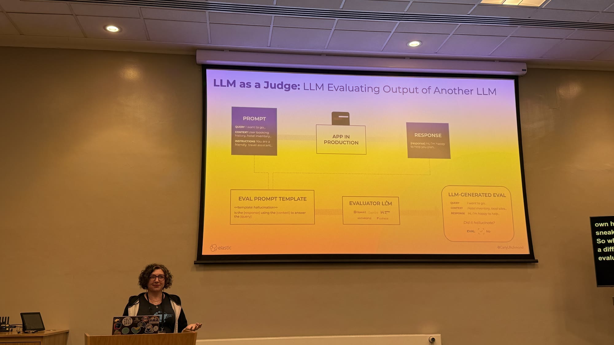 Carly Richmond below a slide titled LLM as a Judge: LLM Evaluating Output of Another LLM