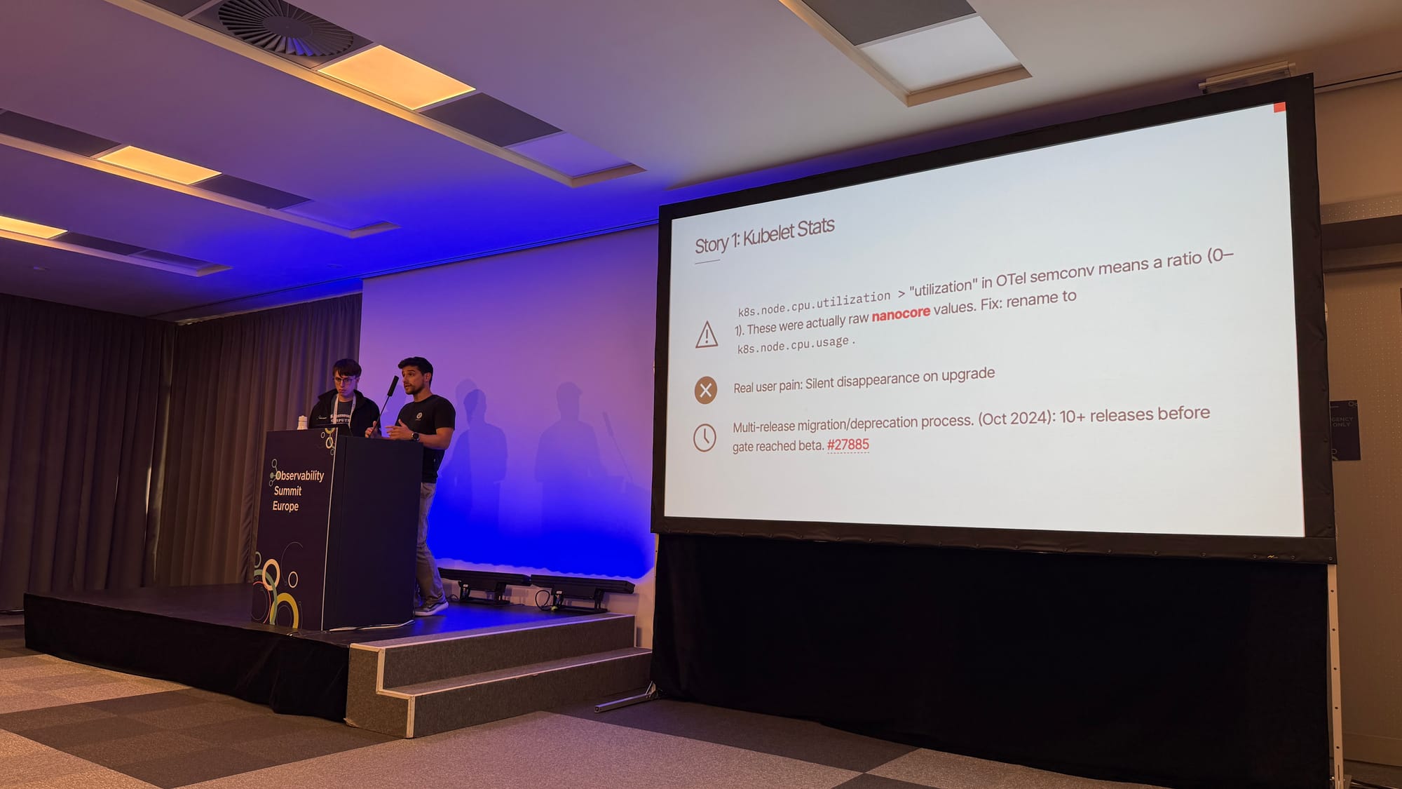 Slide titled Story 1: Kubelet Stats, explaining that k8s.node.cpu.utilization was really raw nanocore values, was renamed to k8s.node.cpu.usage, and went through a multi-release deprecation