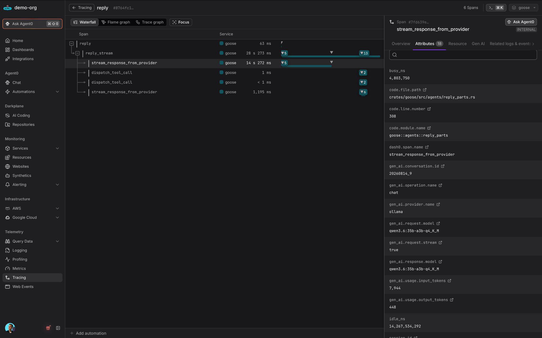 A single goose trace on 1.46.0 with the Gen AI panel open