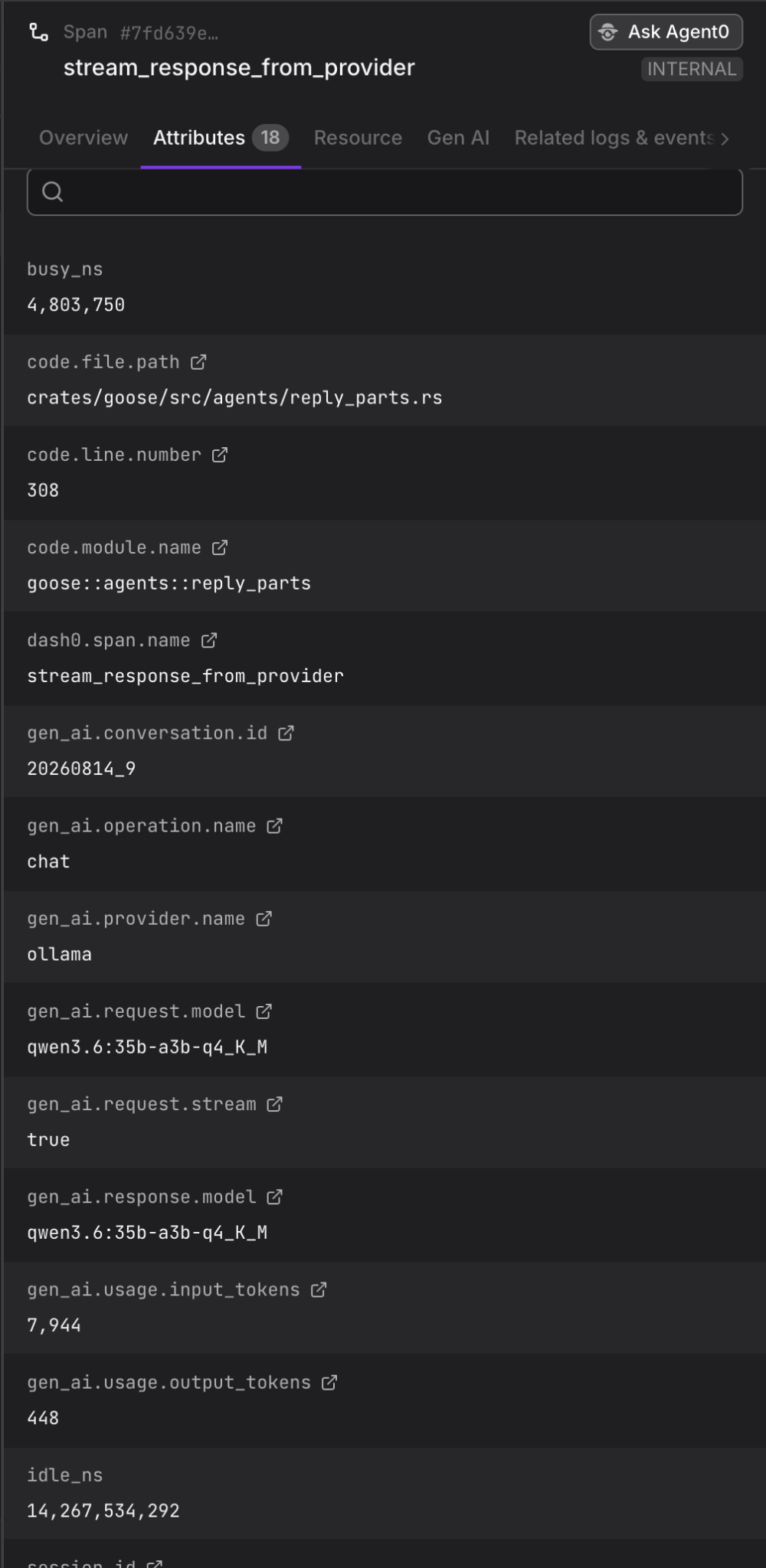 Span attributes showing gen_ai.operation.name chat, provider ollama, and the per-call token split