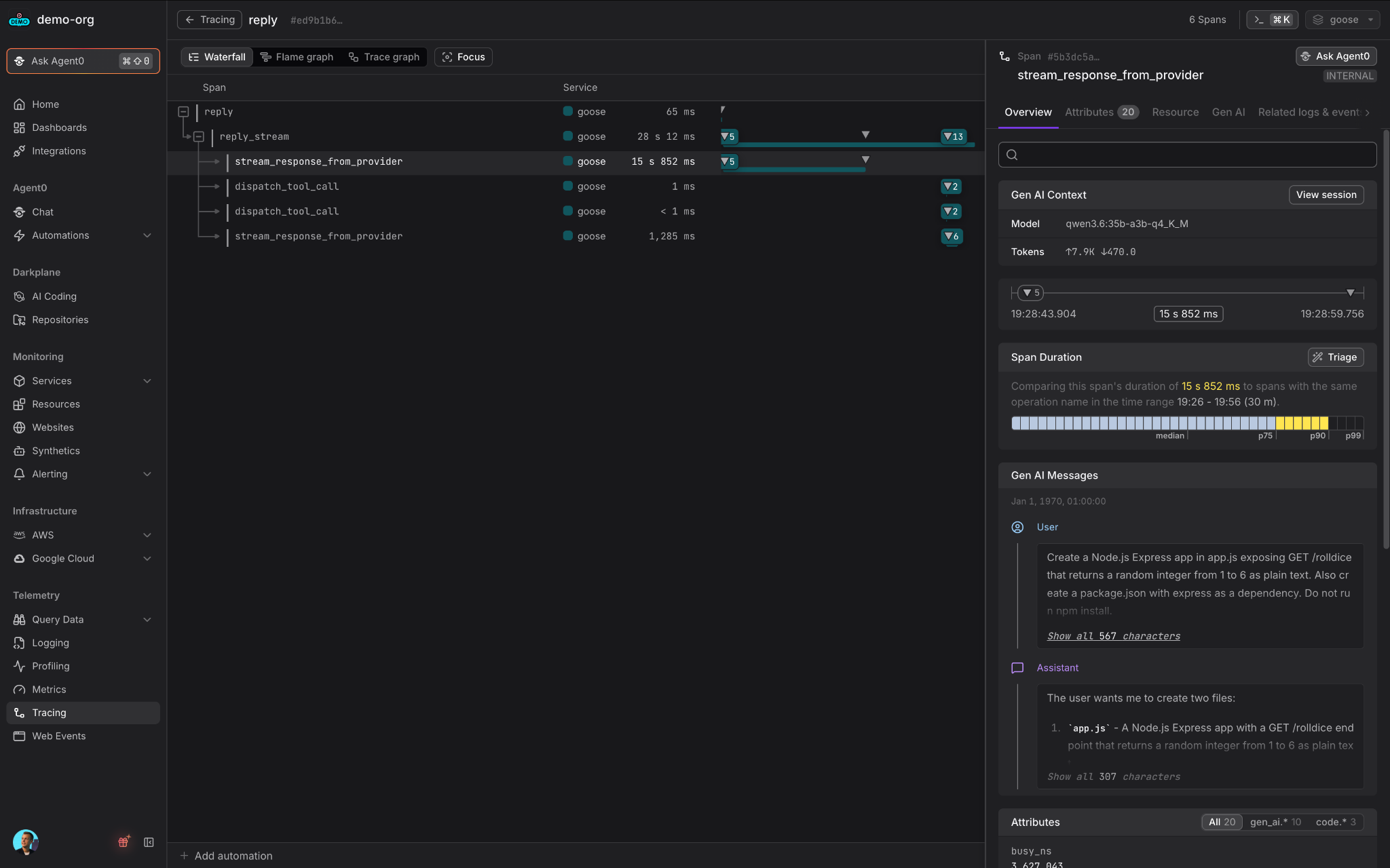Gen AI Messages panel showing the user prompt and assistant reply