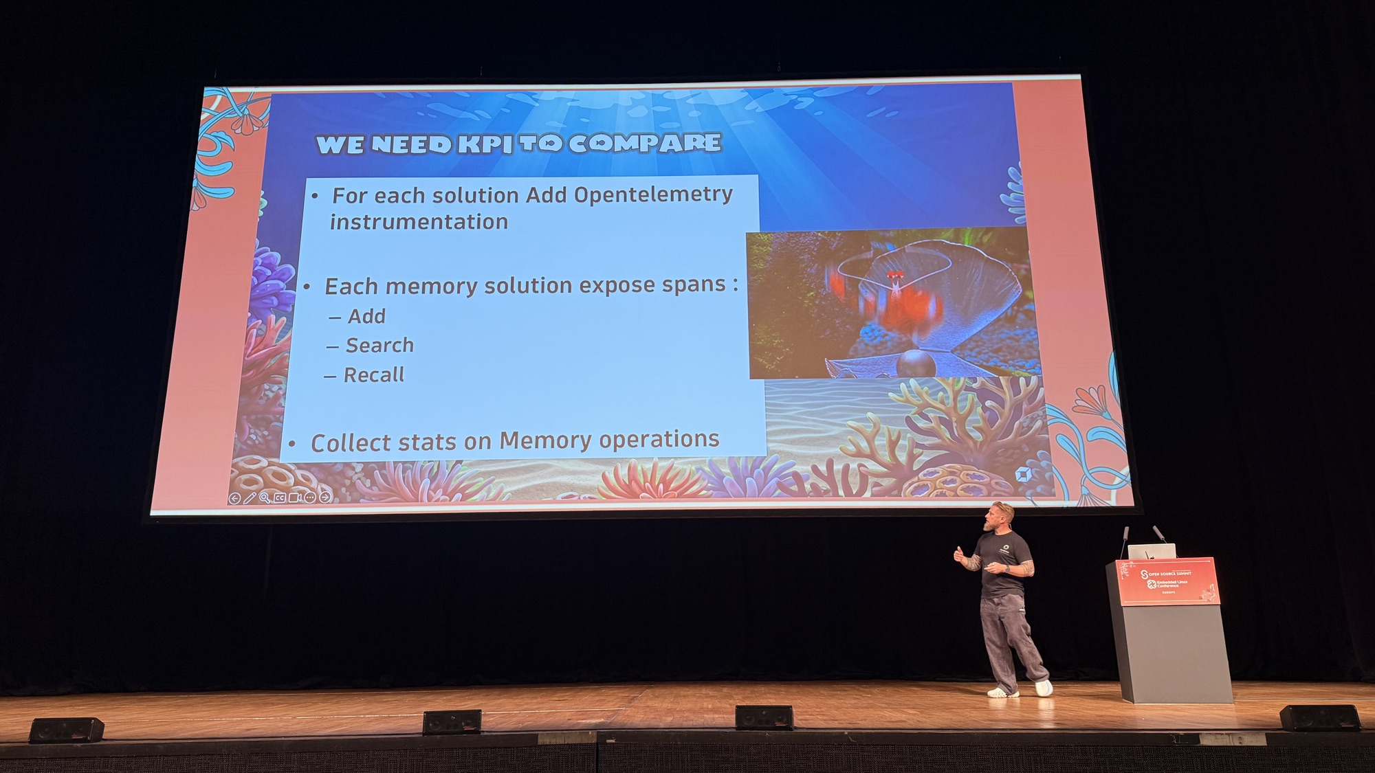 Slide titled We need KPI to compare: add OpenTelemetry instrumentation to each solution, with spans for add, search and recall